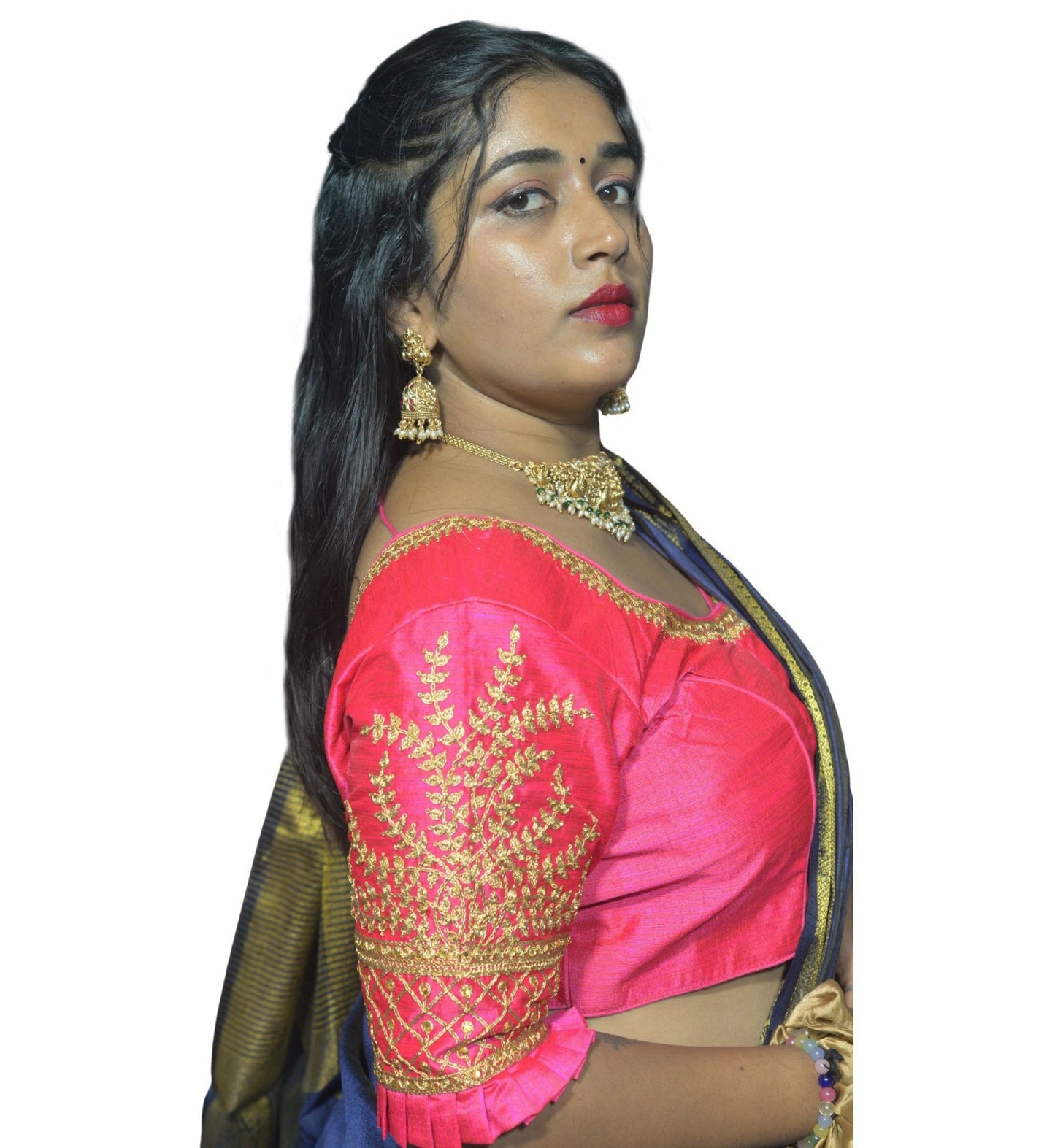 Designer Fuchsia Blouse with Cross Plus Pattern and Puff Sleeves