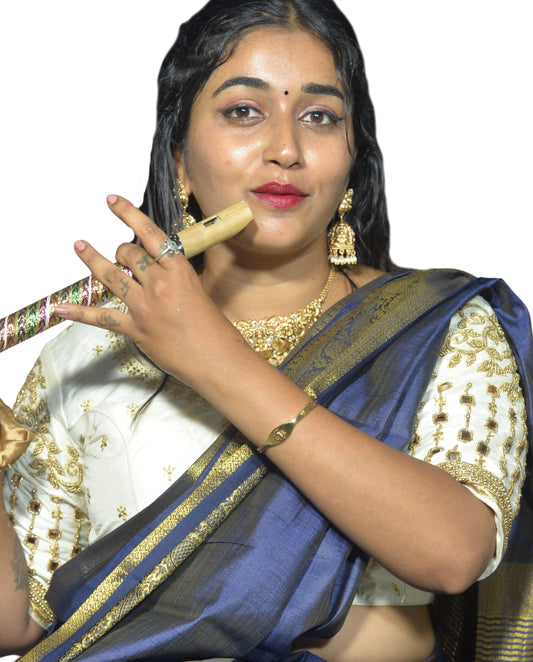 Designer White Blouse with 5-Petal Floral Motifs and Chain Mirror Work Sleeves