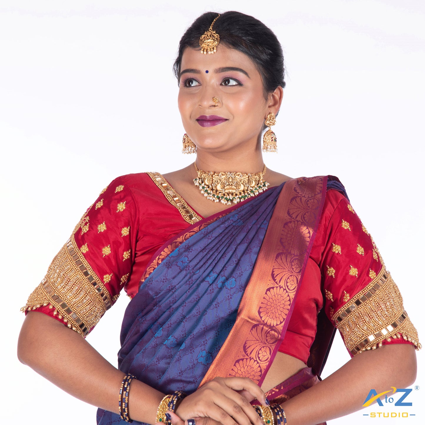 Brink Pink Silk Cloth Blouse with Small peacock ,chain and mirror Design