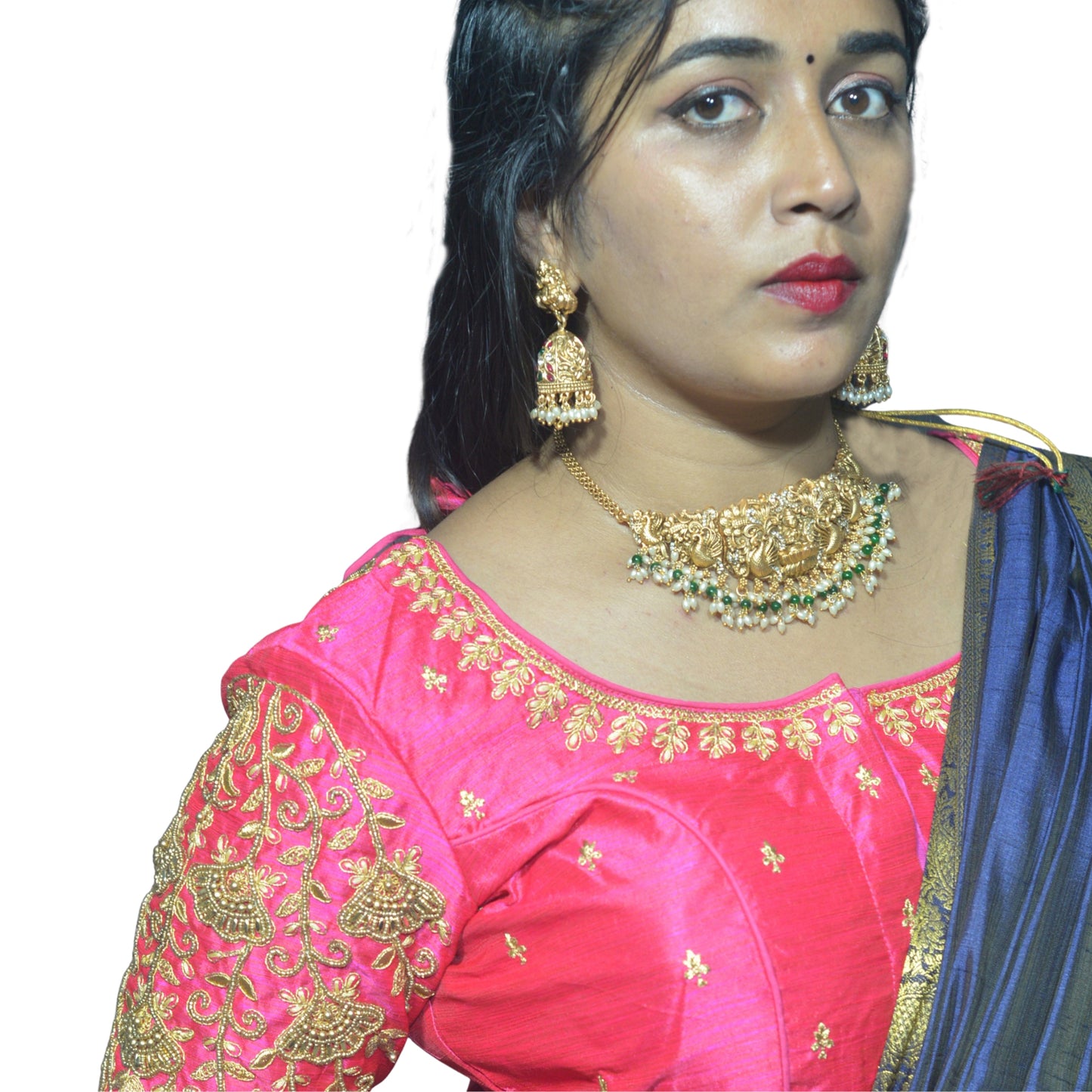 Fuchsia Blouse with Floral Motifs & Dual Embroidery