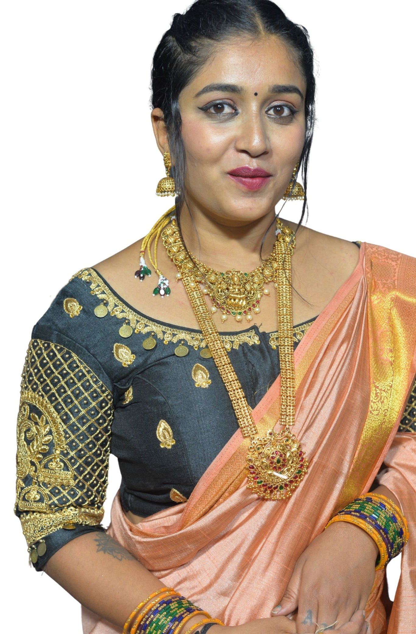 Black Blouse with Moti & Lakshmi Coin Sleeves, Dual Embroidery