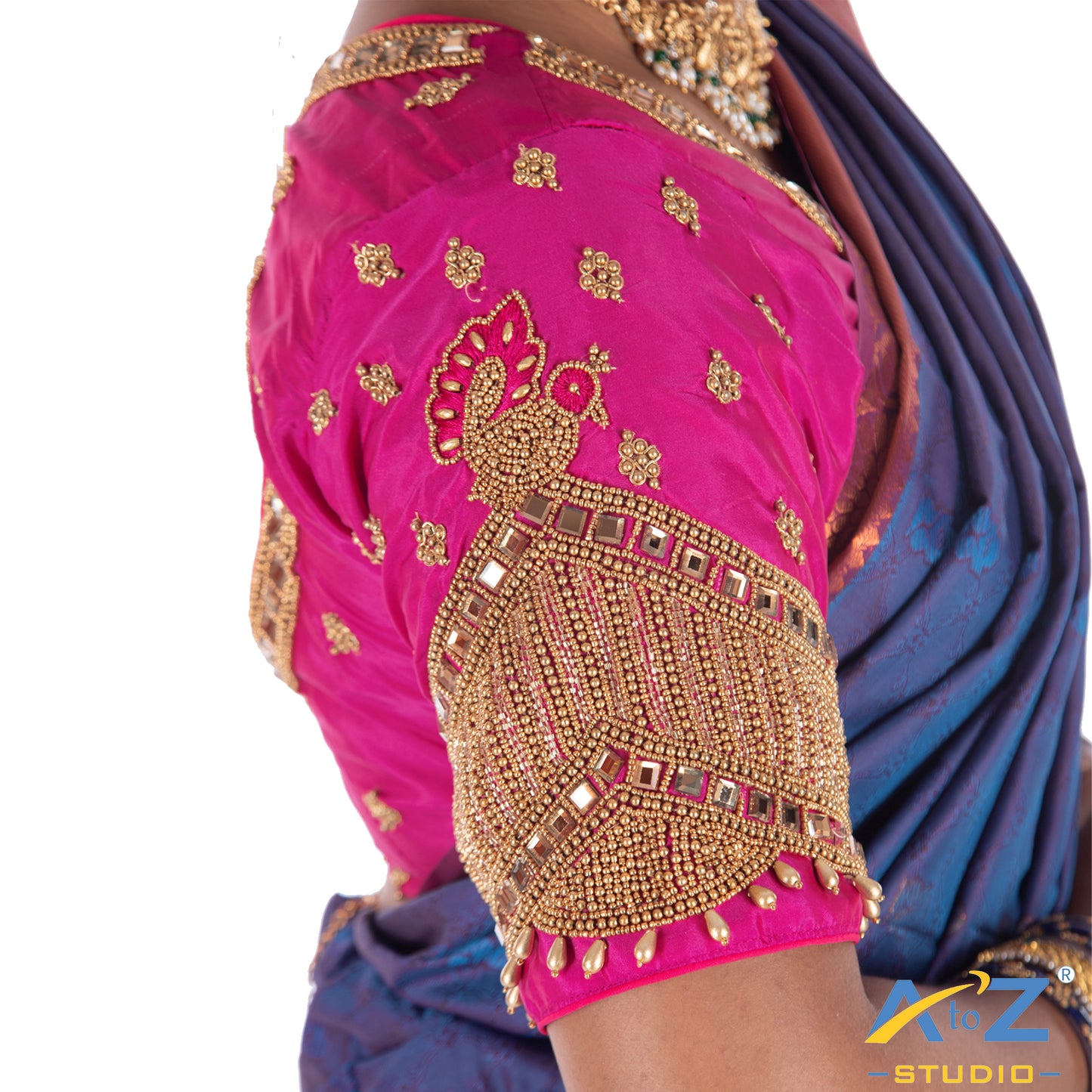 Fuchsia  Silk Cloth Blouse with Small peacock ,chain and mirror Design