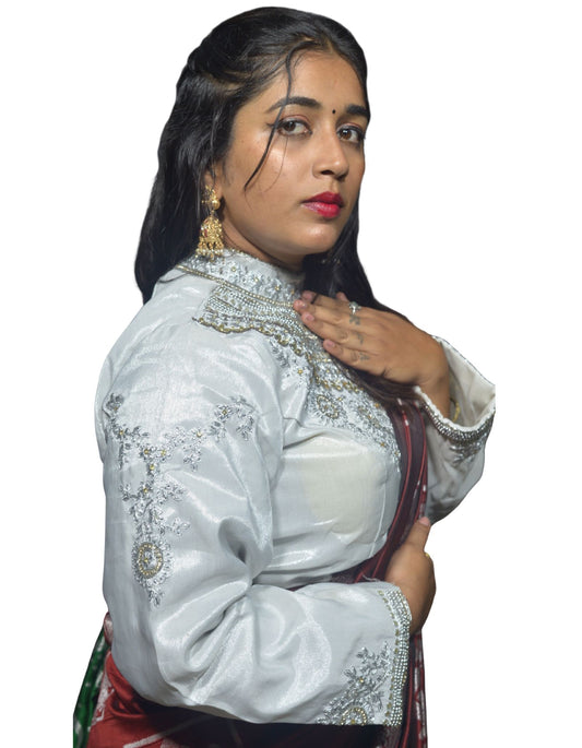 Designer Silver Blouse with Floral and Moti Sleeves and Aari Embroidered Back