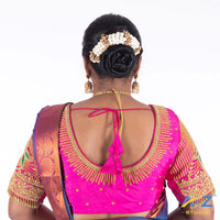 Bright Pink Silk Cloth Blouse with Small peacock double and chain and beeds Design