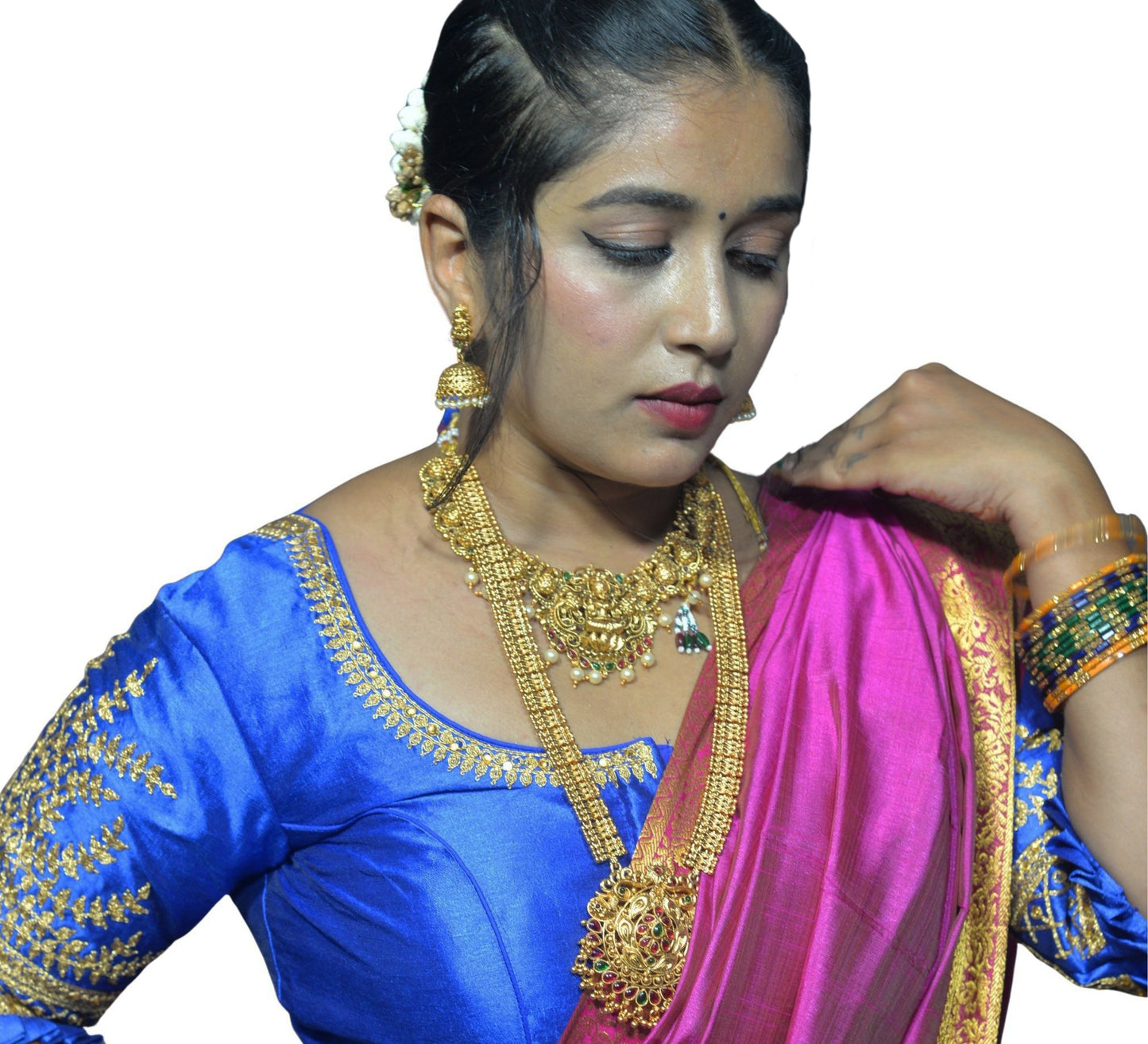 Designer Royal Blue Blouse with Cross Plus Pattern and Puff Sleeves