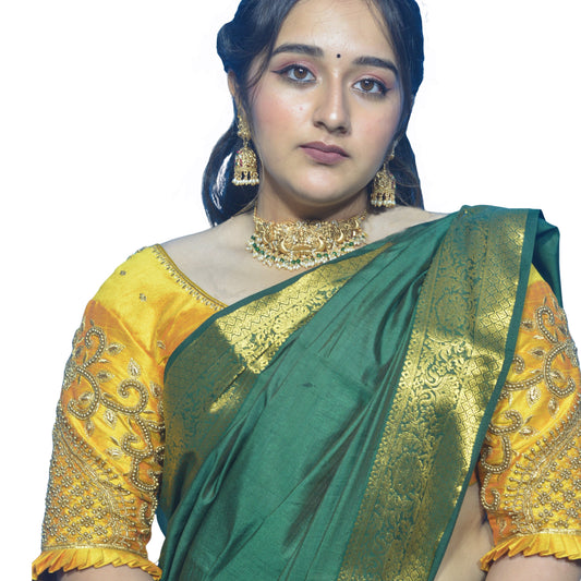 Golden Yellow Blouse with Leaf Sleeves & Dual Embroidery