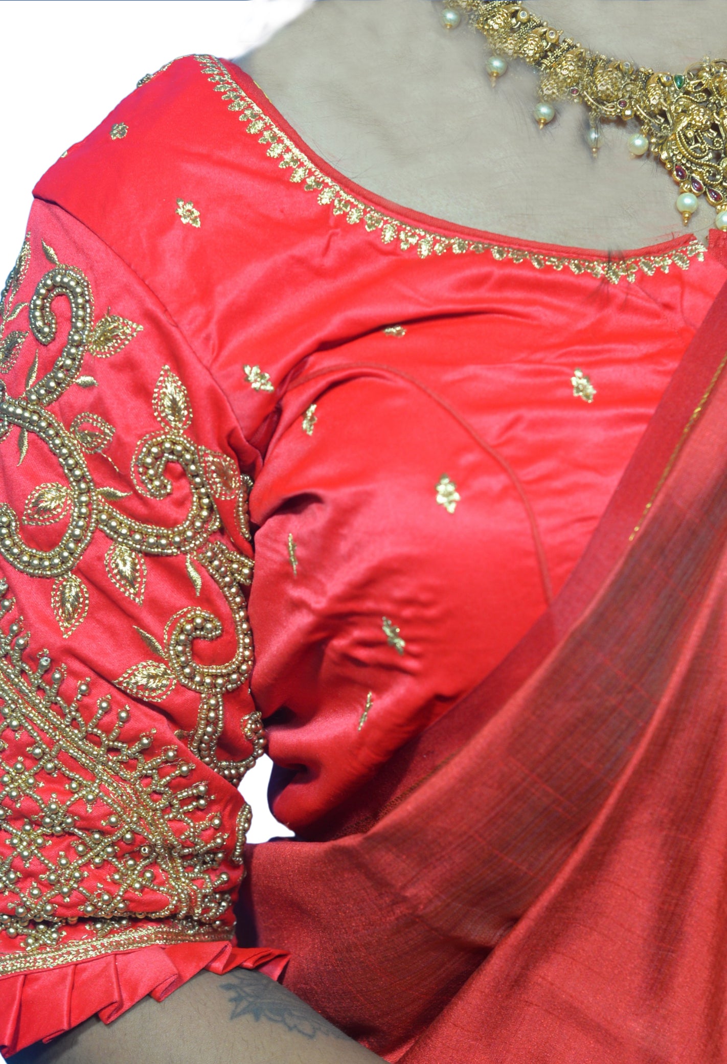 Tomato Red Blouse with Leaf Sleeves & Dual Embroidery