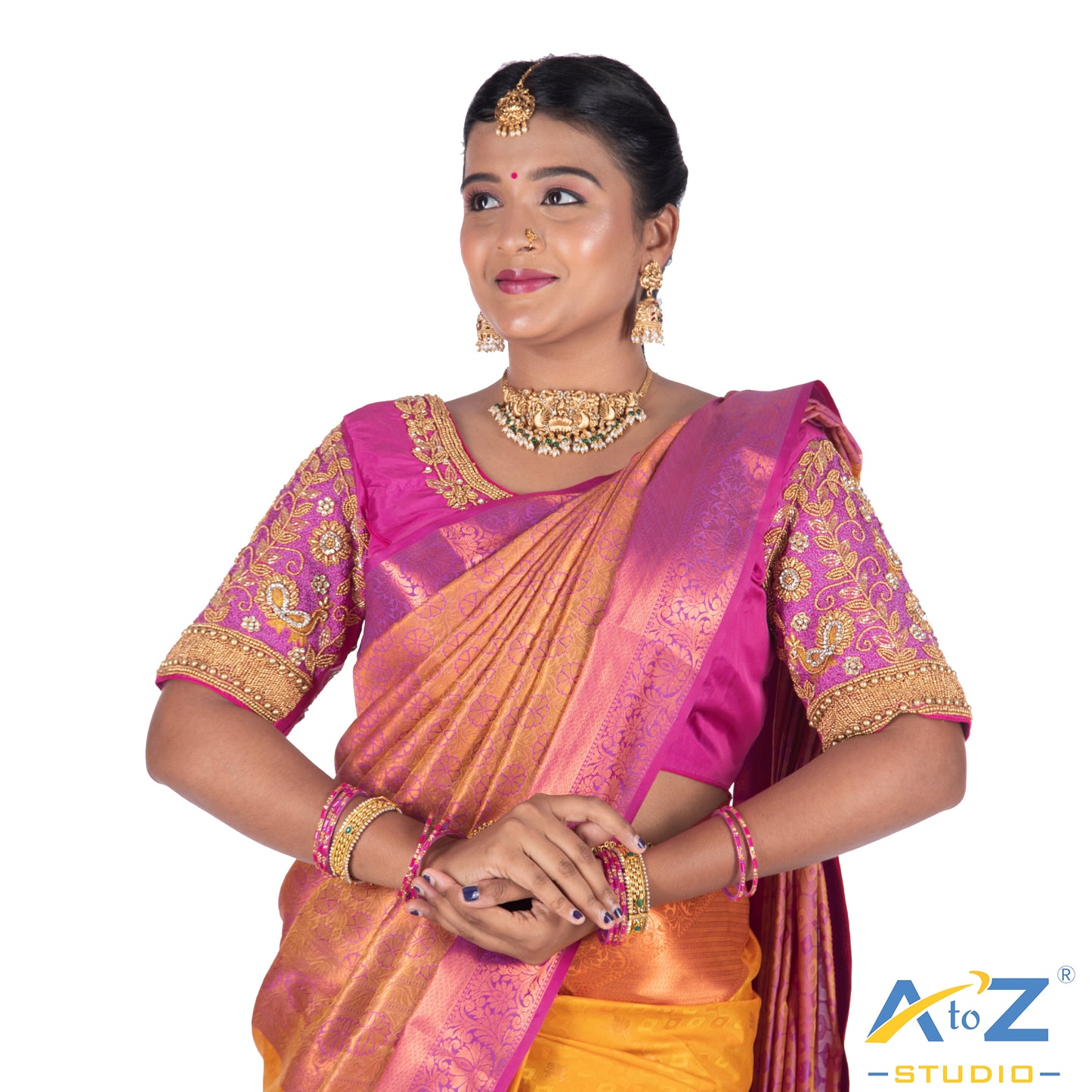Fuchsia Pink with Aari Work Blouse with leaf and flower mixed Design