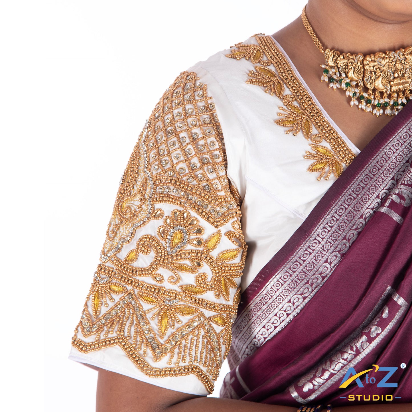 White Silk Cloth Blouse with Deepa and flower and chain design Design