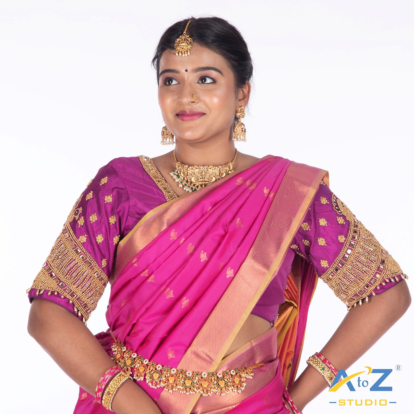 Luxury Purple Silk Cloth Blouse with Small peacock ,chain and mirror Design