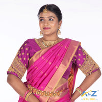Luxury Purple Silk Cloth Blouse with Small peacock ,chain and mirror Design
