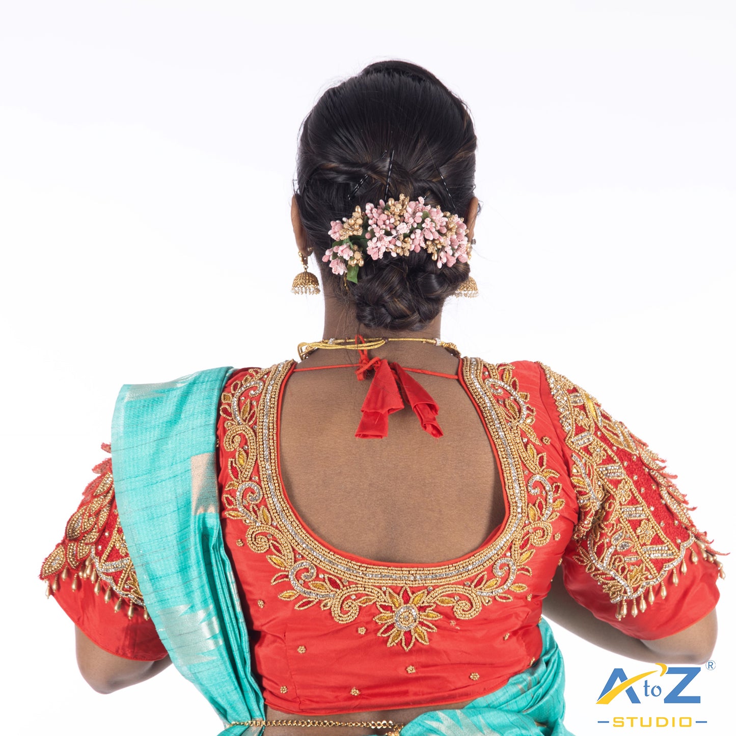 Red Silk Cloth Blouse with Peacock and flower pattern and small peice of diamond Design
