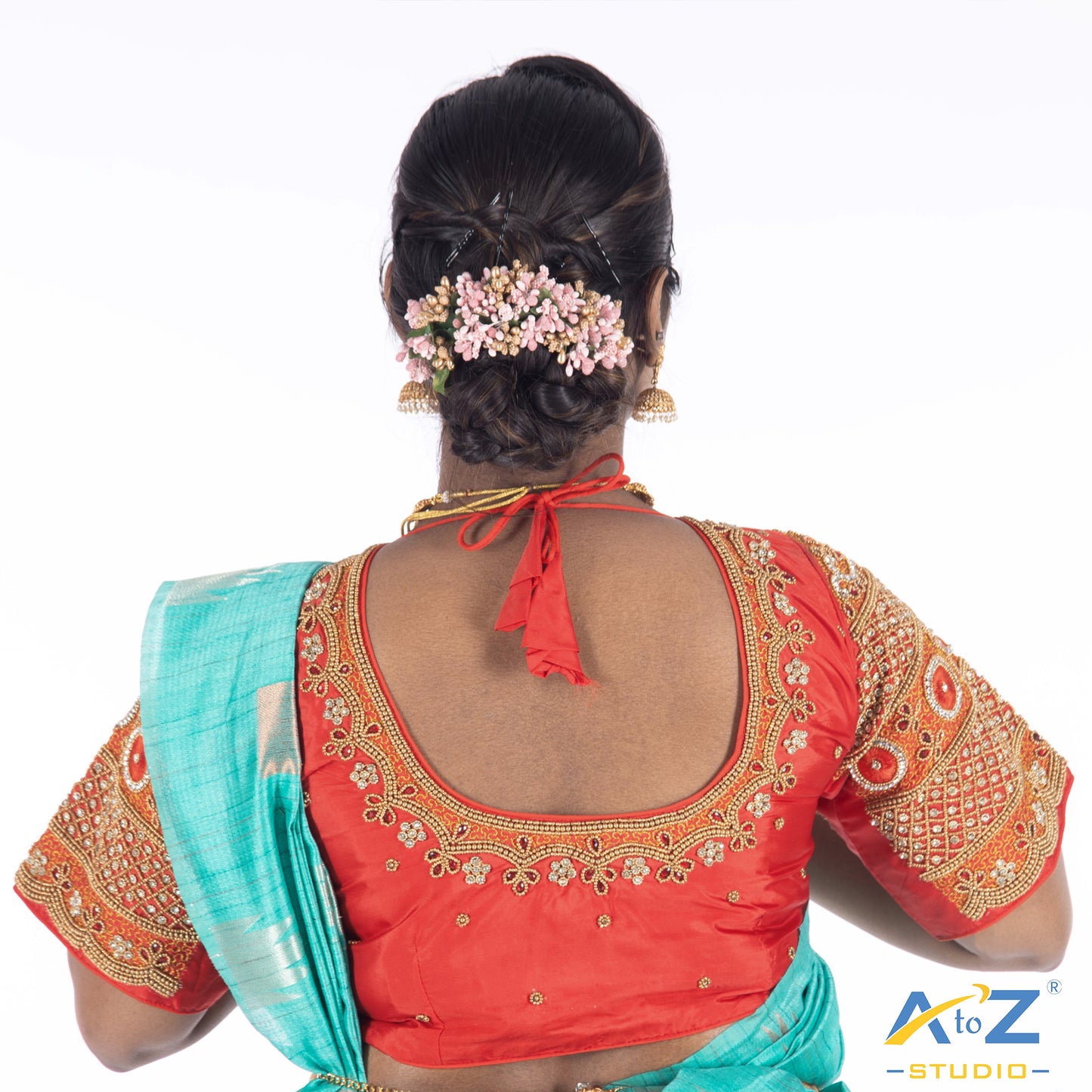 Light Red Silk Cloth Blouse with kundan and chain work Design