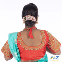 Light Red Silk Cloth Blouse with kundan and chain work Design