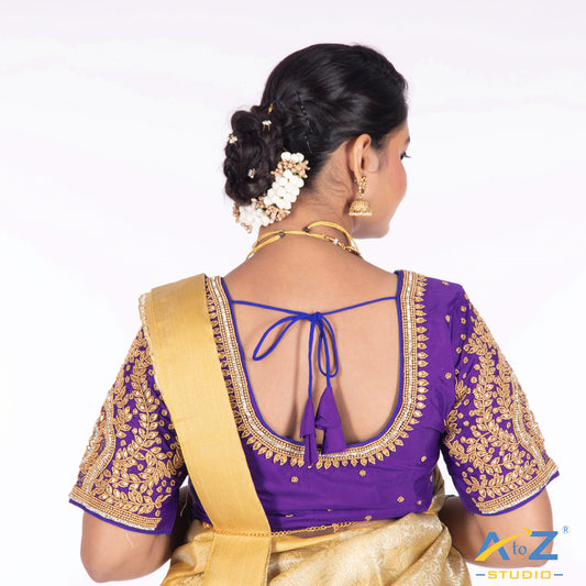 Purple Silk Cloth Blouse with Small leaf and chain work Design
