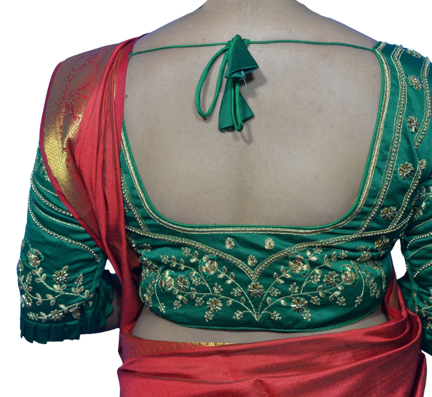 Vibrant Basil Green Blouse with Multi-Color Floral Embroidery and Frill Sleeves