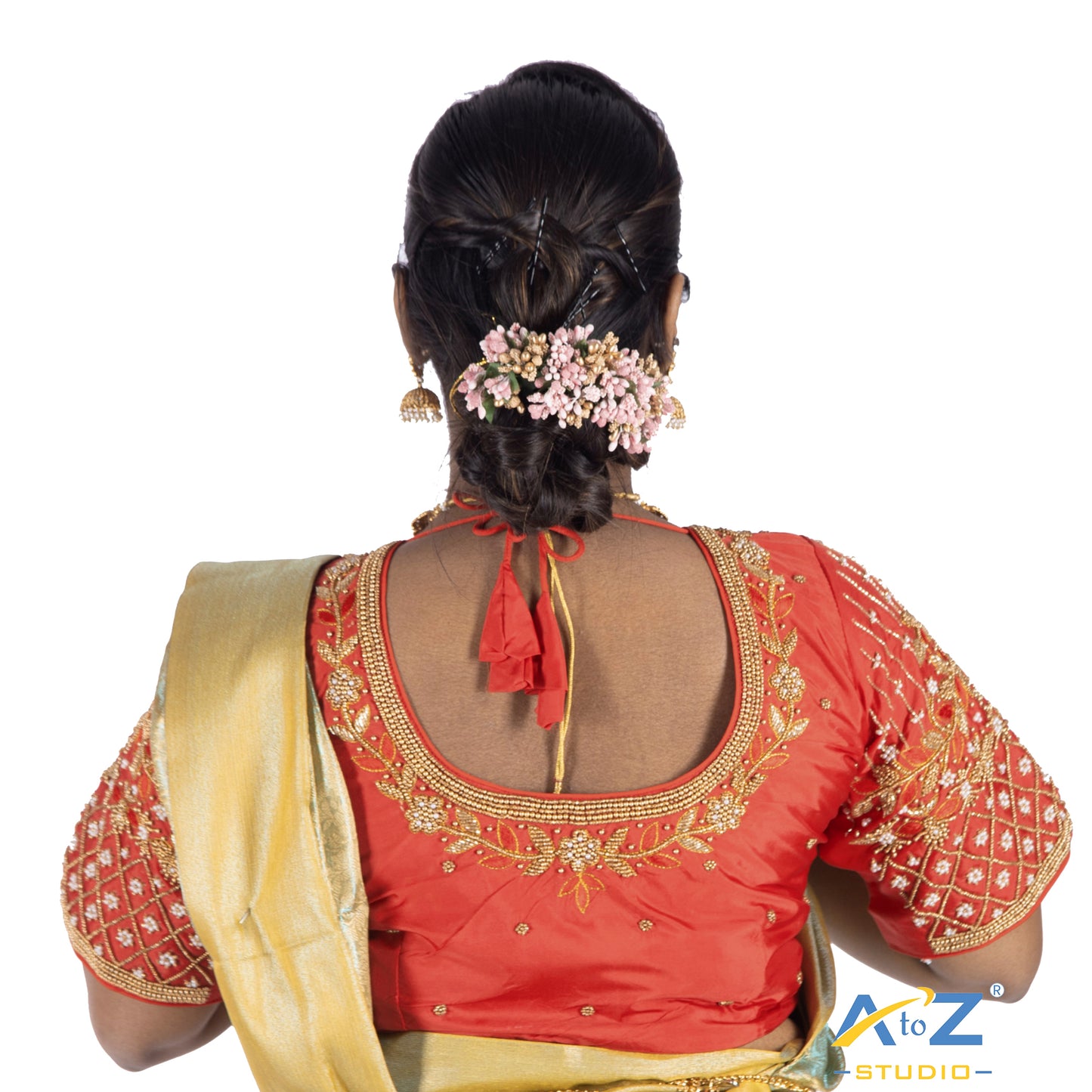 Light Red Silk Cloth Blouse with Flower and Leaf with pearl and chain Design