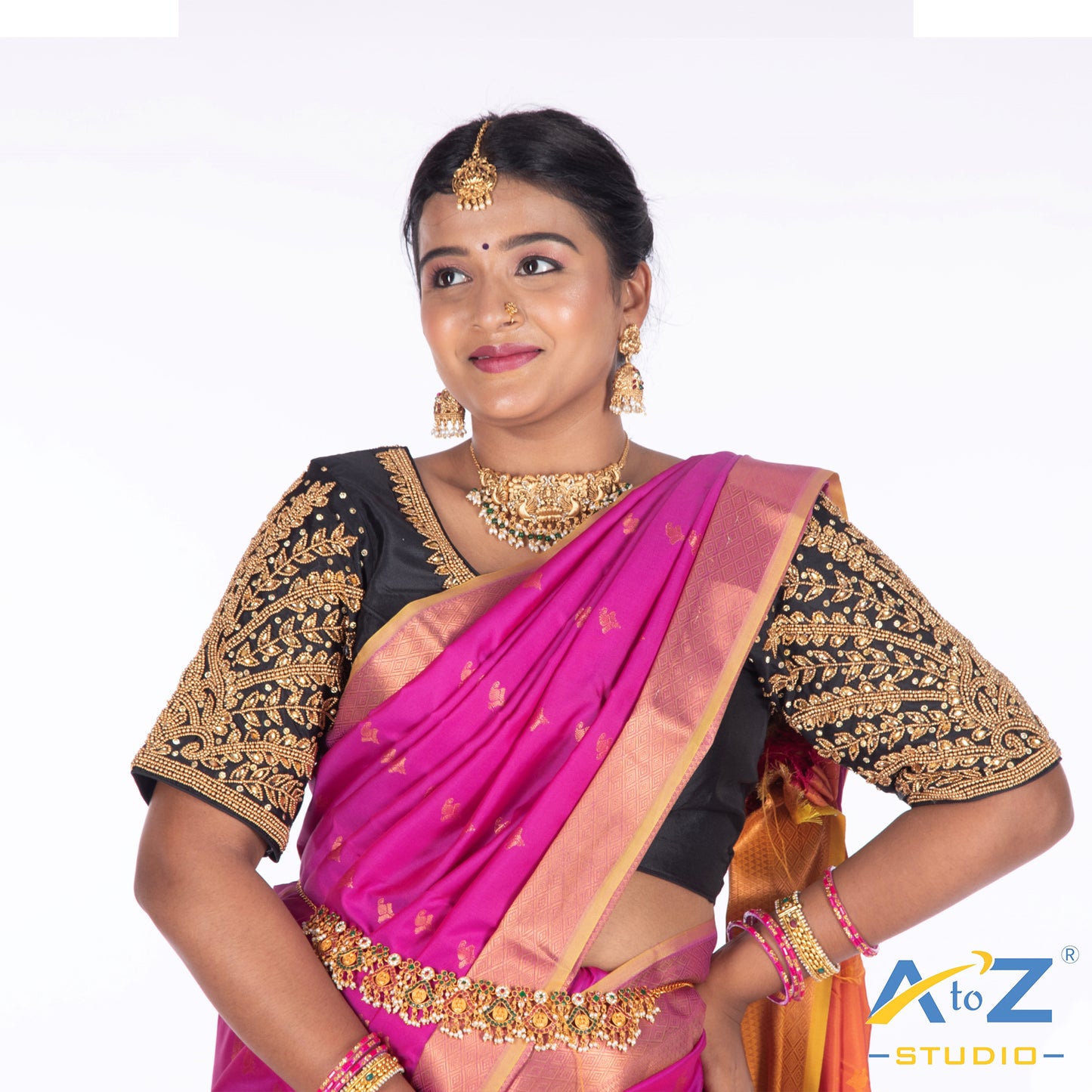 Black Silk Cloth Blouse with Small leaf (like flower pot) and chain work Design