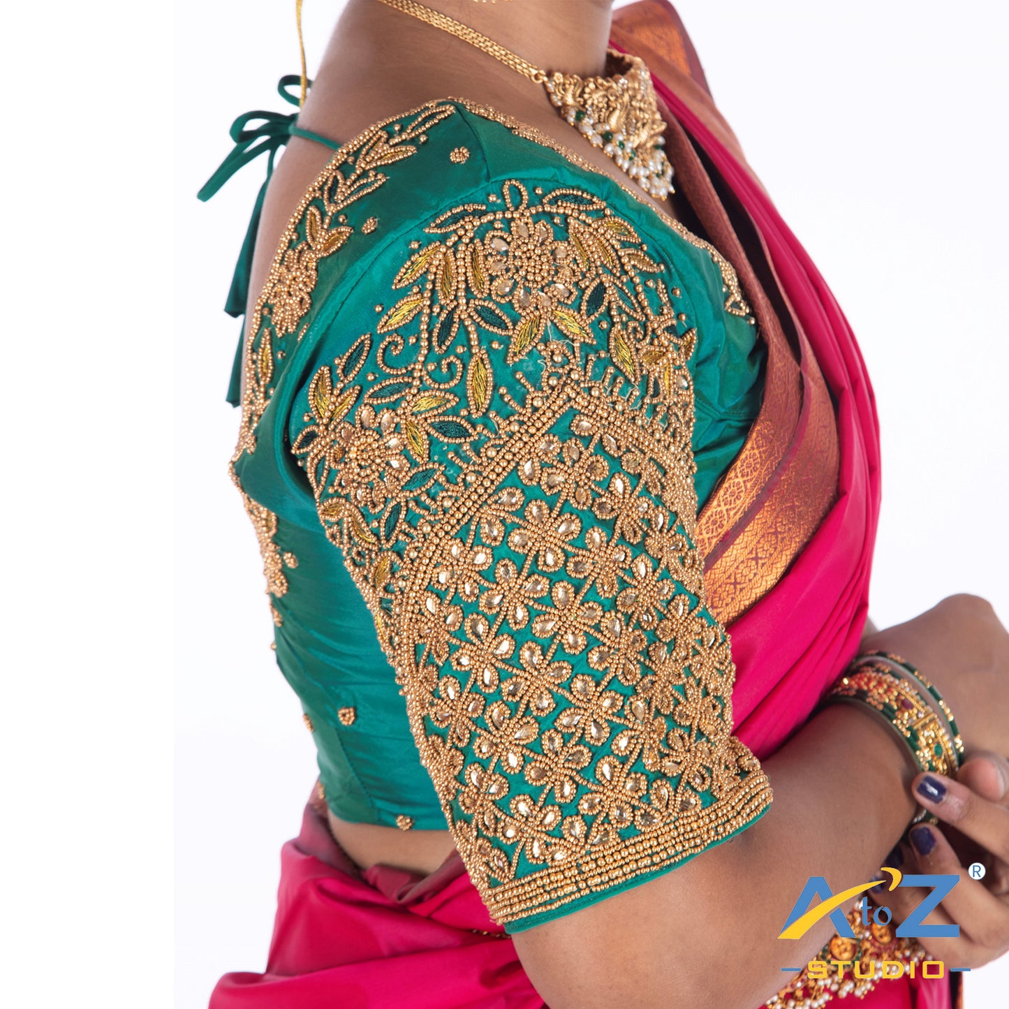 Rama Blue Silk Cloth Blouse with Leaf and flower Design