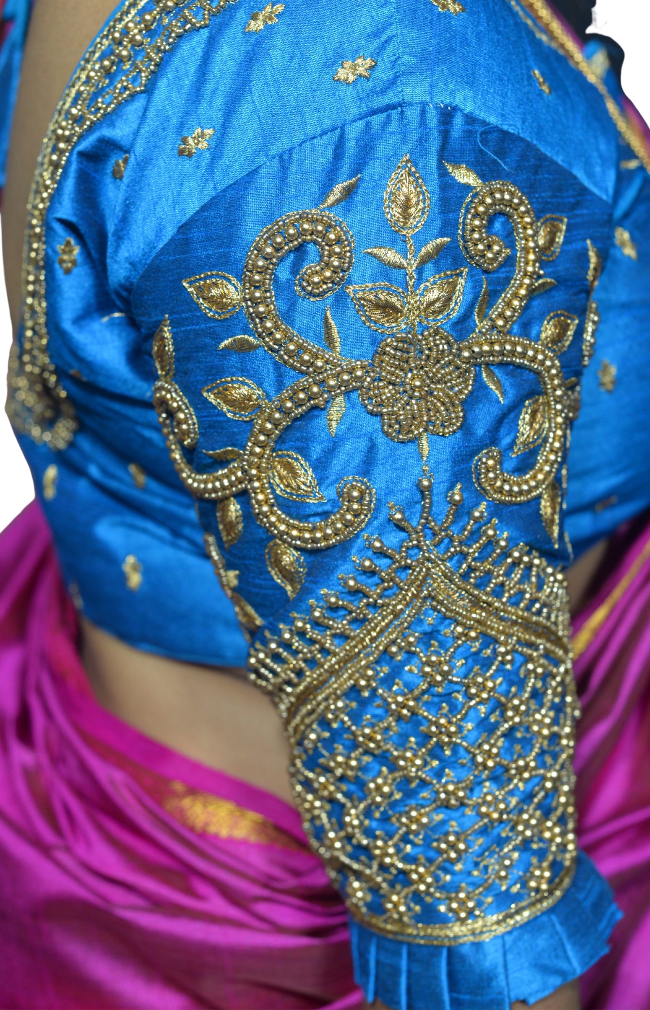 Peacock Blue Blouse with Leaf Sleeves & Dual Embroidery