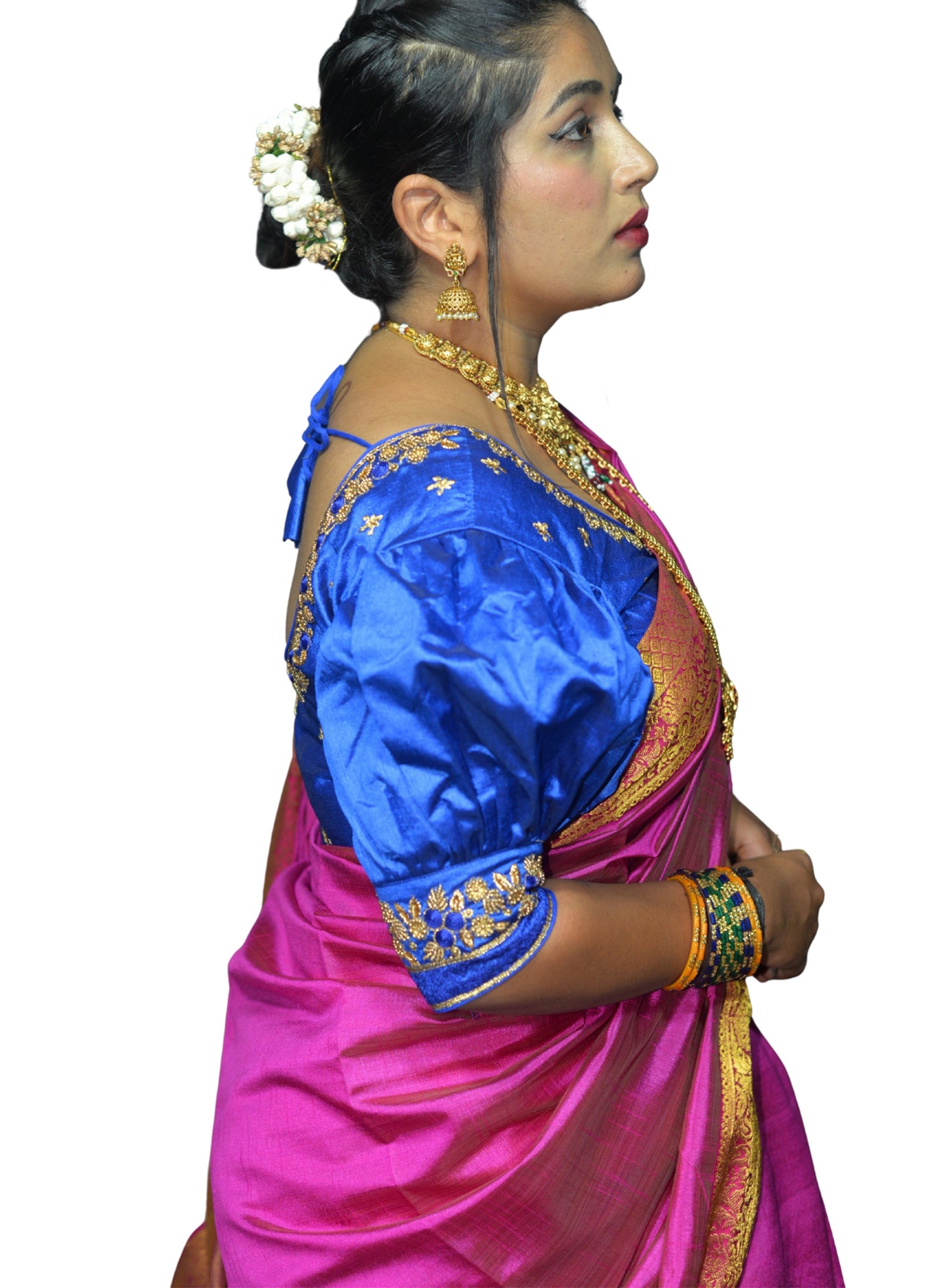 Royal Blue Blouse with Gold Motifs & Dual Embroidery