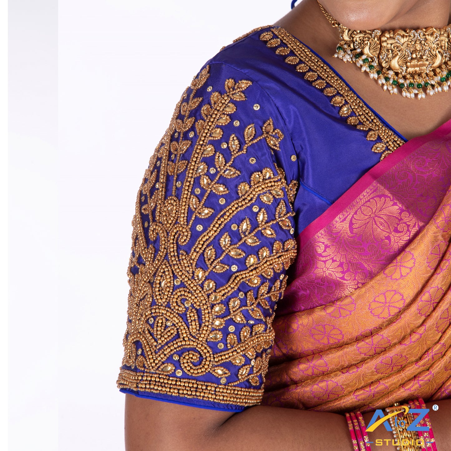 Royal Blue Silk Cloth Blouse with Small leaf (like flower pot) and chain work Design