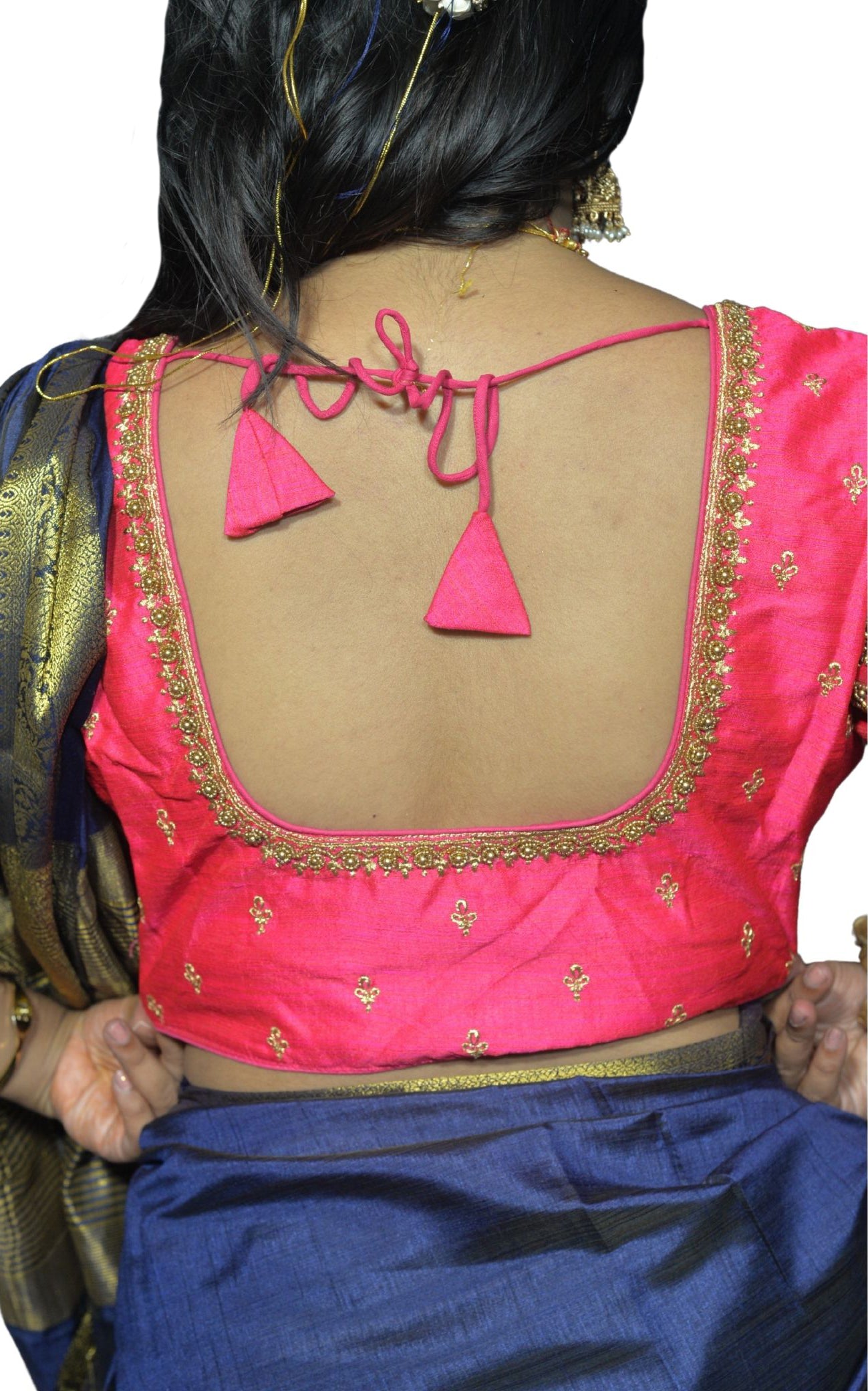 Designer Rani Blouse with Criss-Cross Floral Sleeves, Machine Front & Aari Embroidered Back"