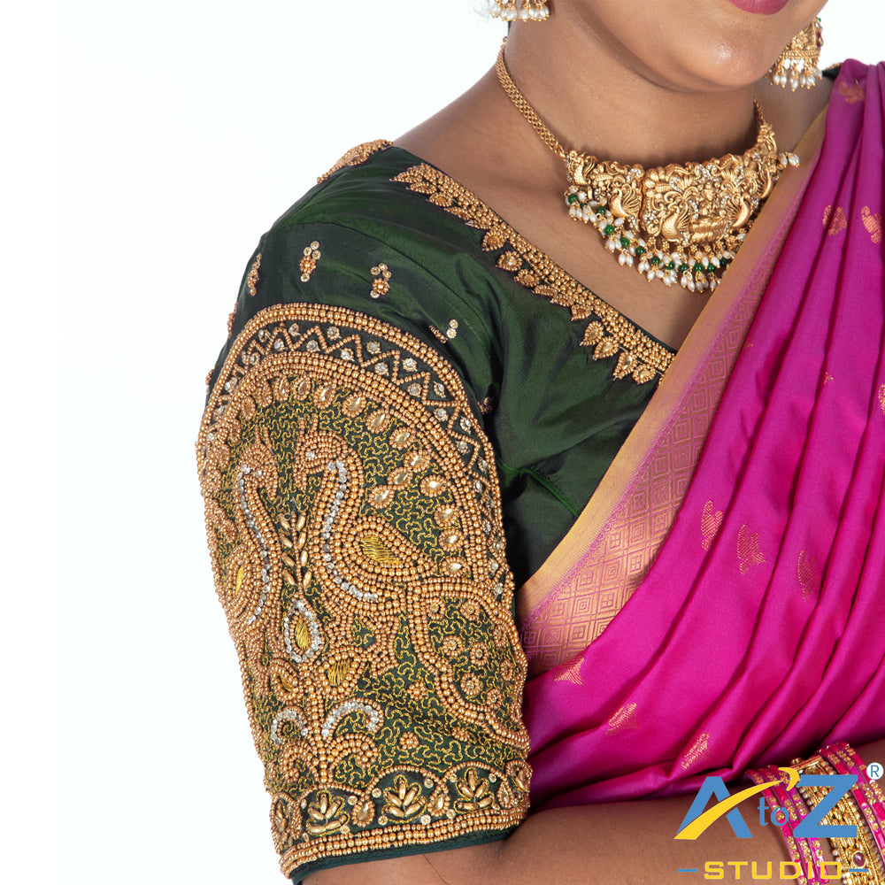 Bottle Green Silk Cloth Blouse with Double Peacock Design