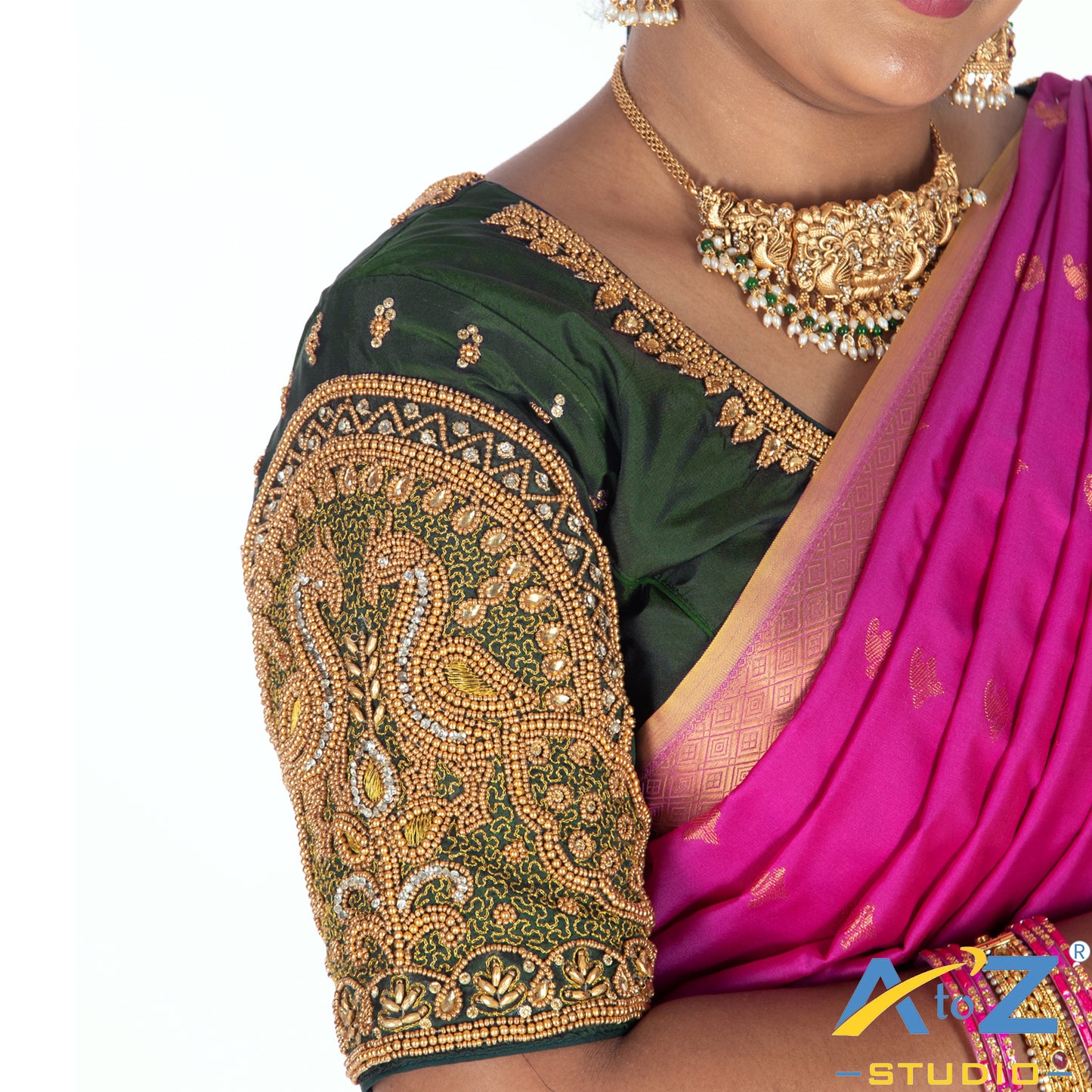 Bottle Green Silk Cloth Blouse with Double Peacock Design