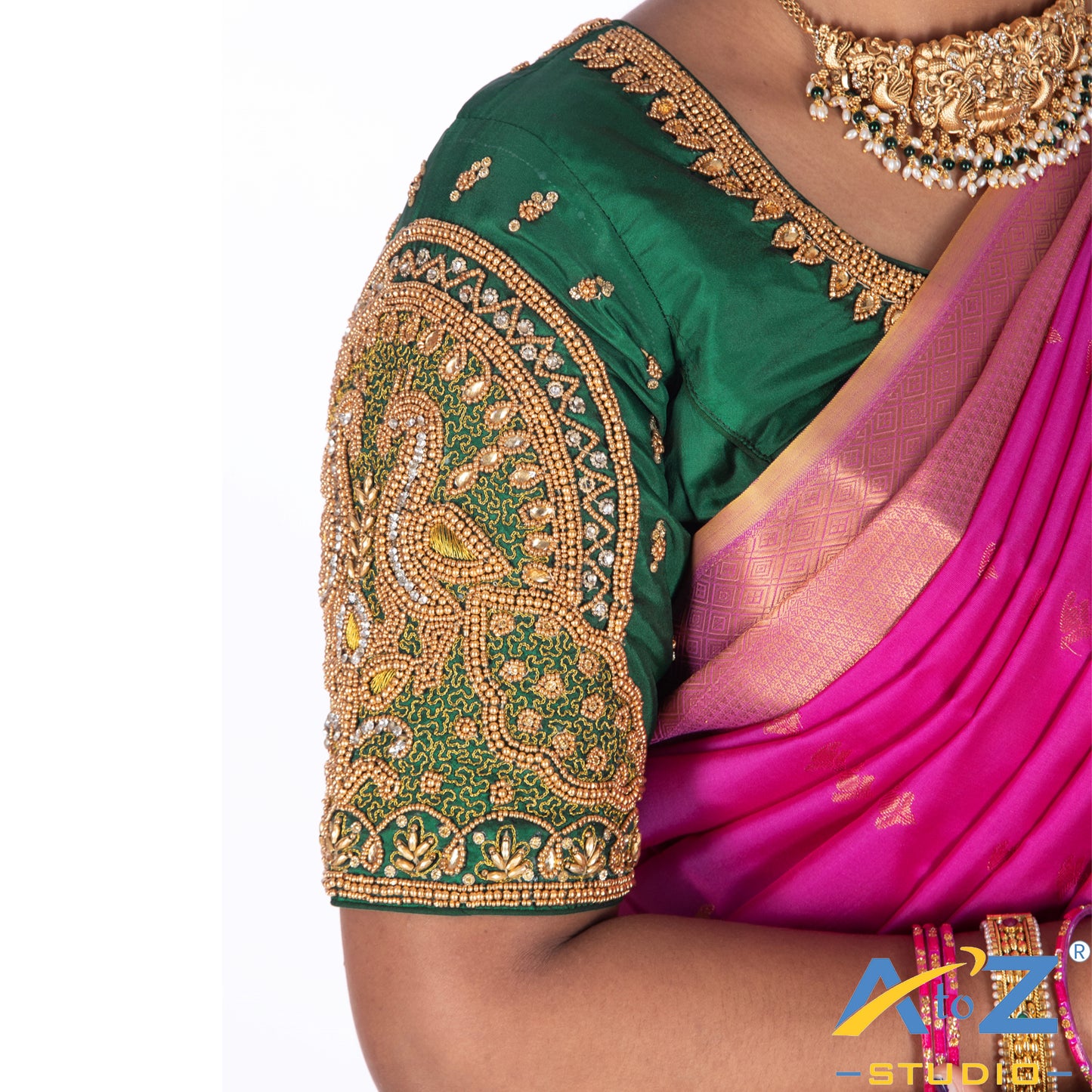 Forest Green Silk Cloth Blouse with Double Peacock Design