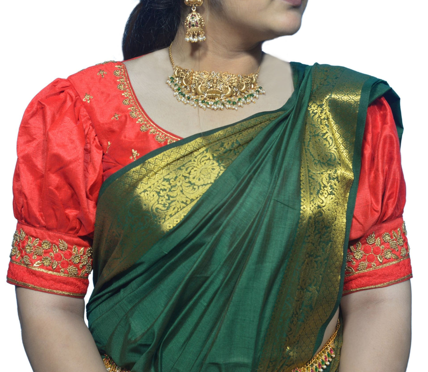 Red Blouse with Gold Motifs & Dual Embroidery