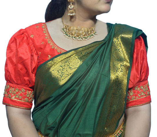 Red Blouse with Gold Motifs & Dual Embroidery