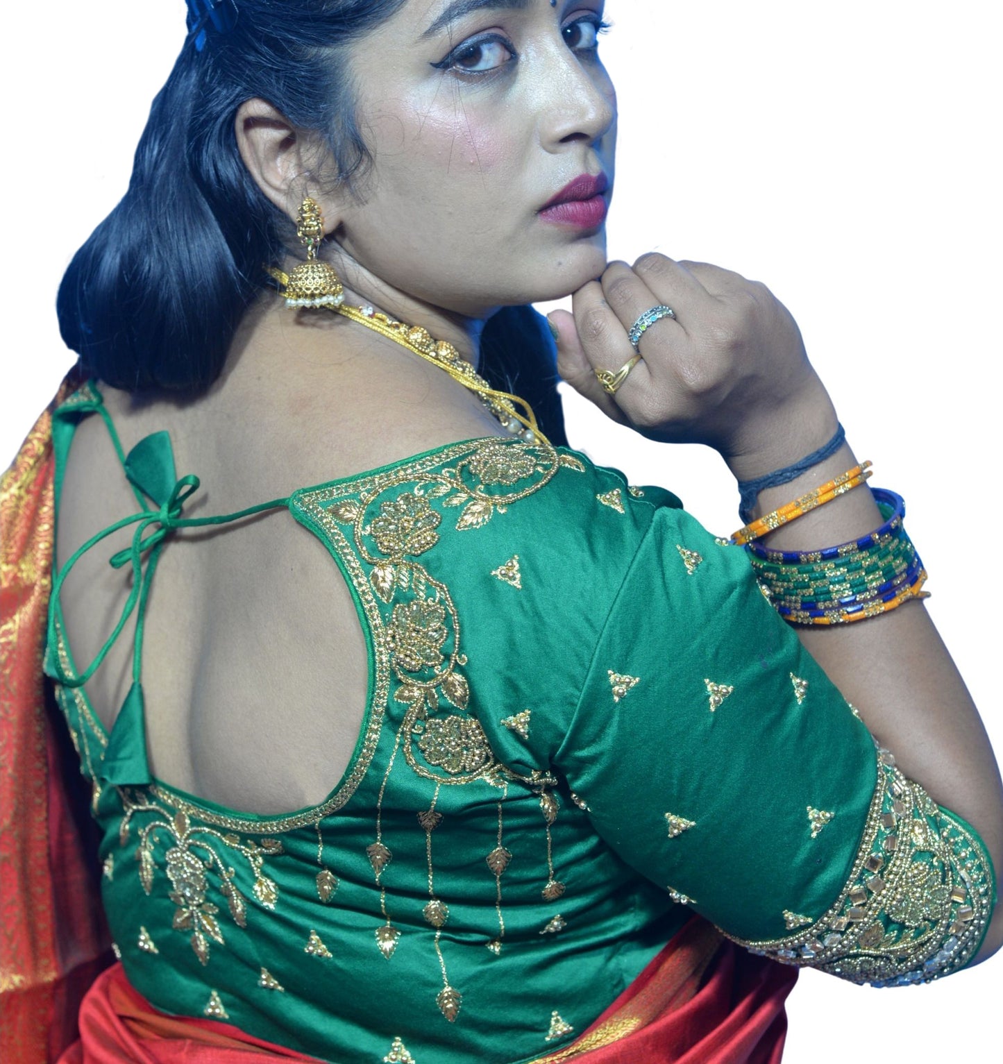 Designer Basil Green Blouse with Floral and Silver Moti Sleeves and Aari Embroidered Back