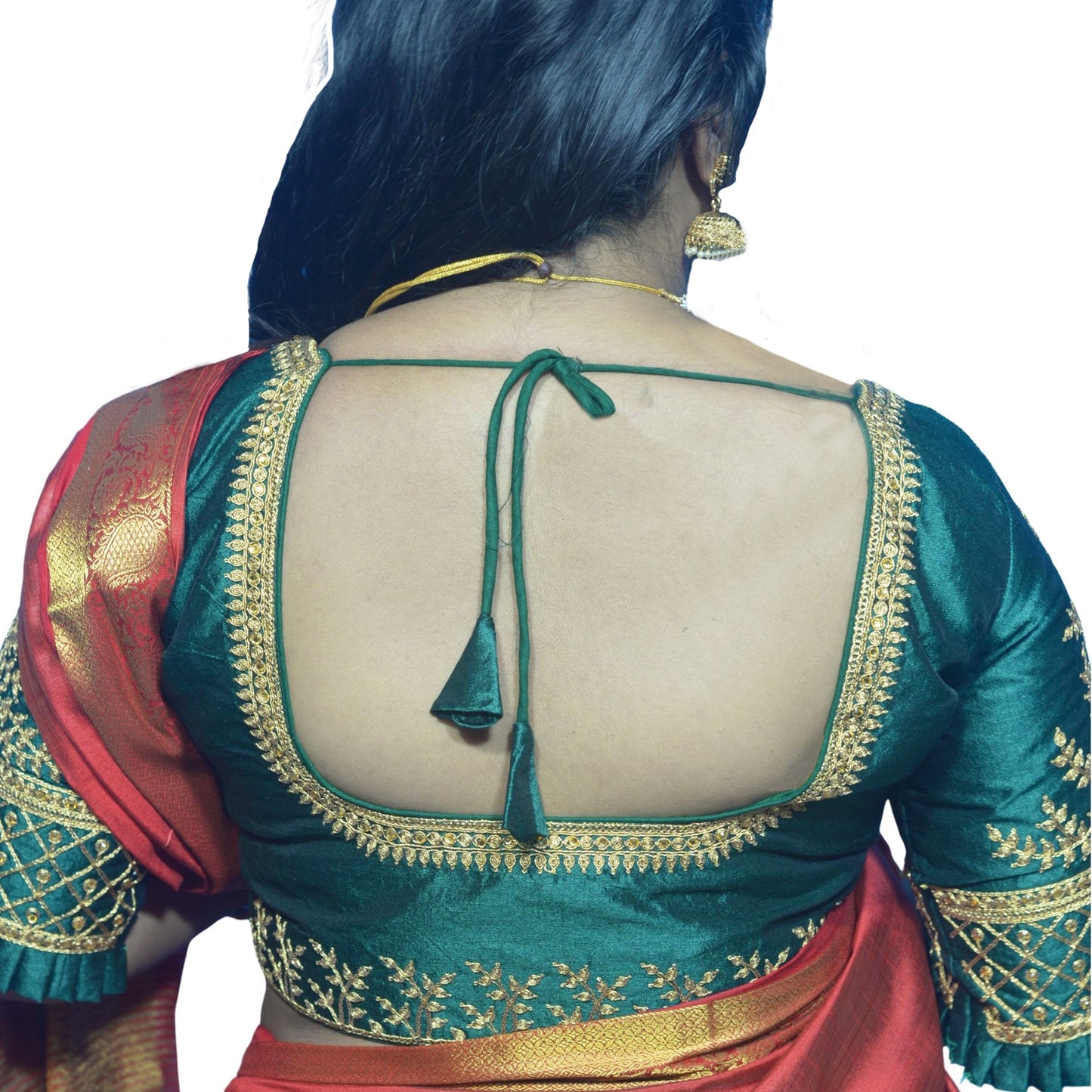 Designer Dark Green Blouse with Cross Plus Pattern and Puff Sleeves