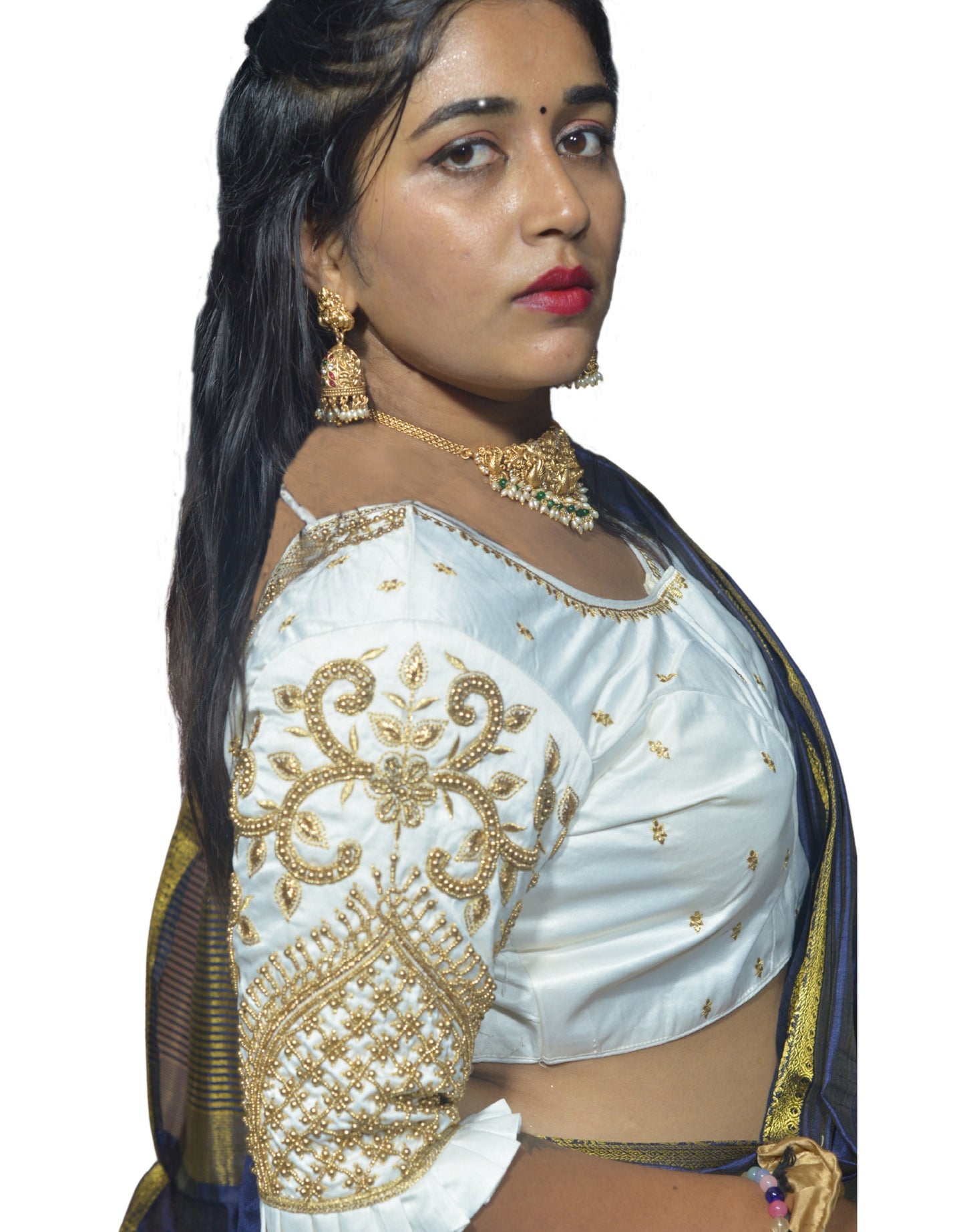 White Blouse with Leaf Sleeves & Dual Embroidery