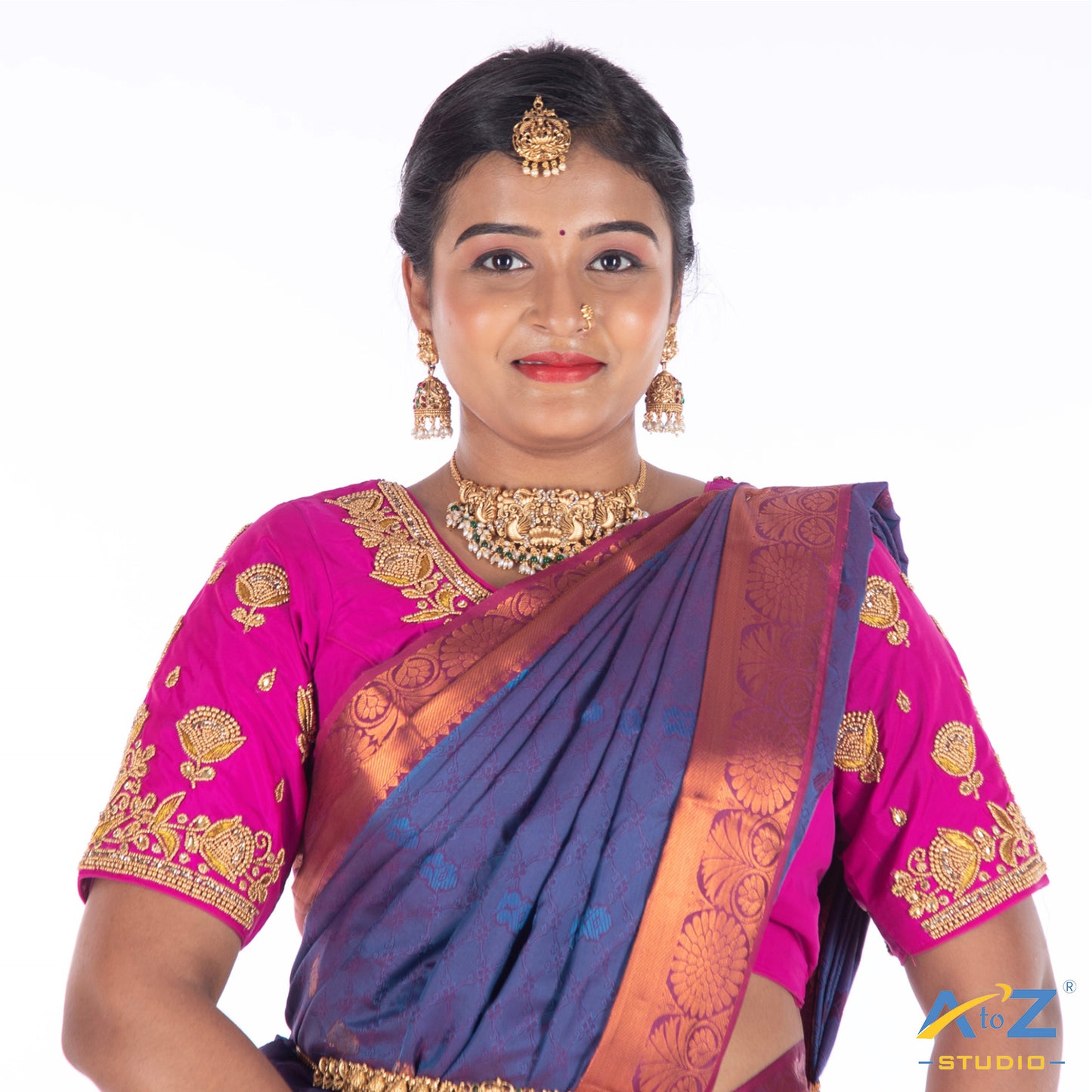 Bright Pink Silk Cloth Blouse with Flower Jhumka Design