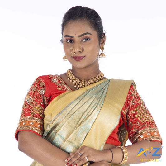 Light Red Silk Cloth Blouse with Flower and Leaf with pearl and chain Design