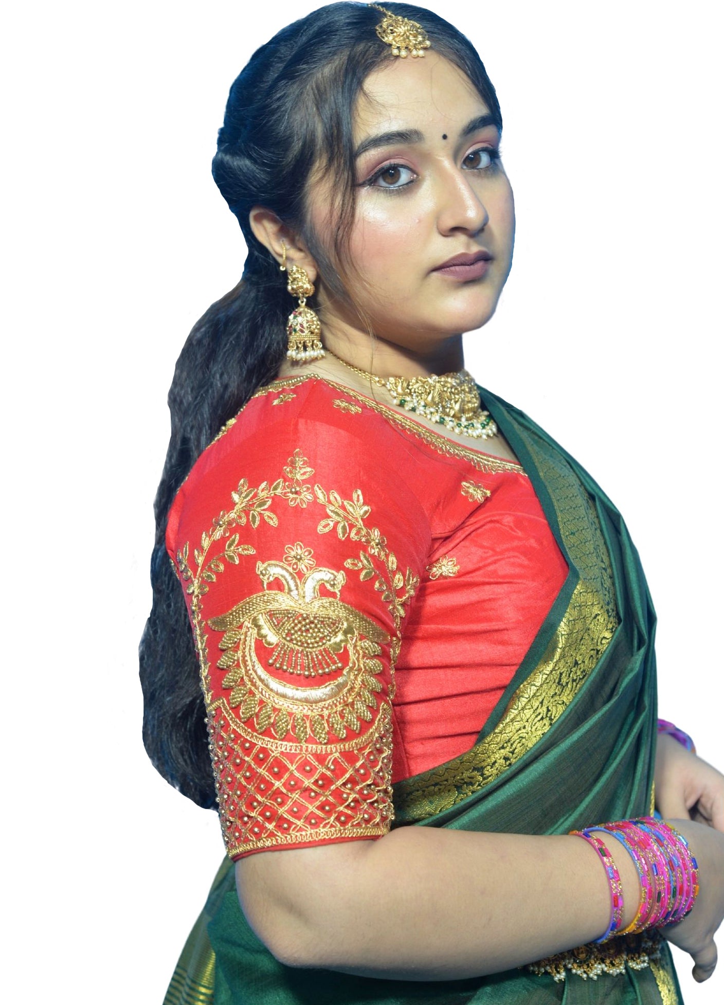 Red Peacock Blouse with Shoulder Motifs & Criss-Cross Back