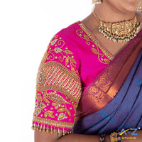 Bright Pink Silk Cloth Blouse with Drop, kubdan and leafs Design