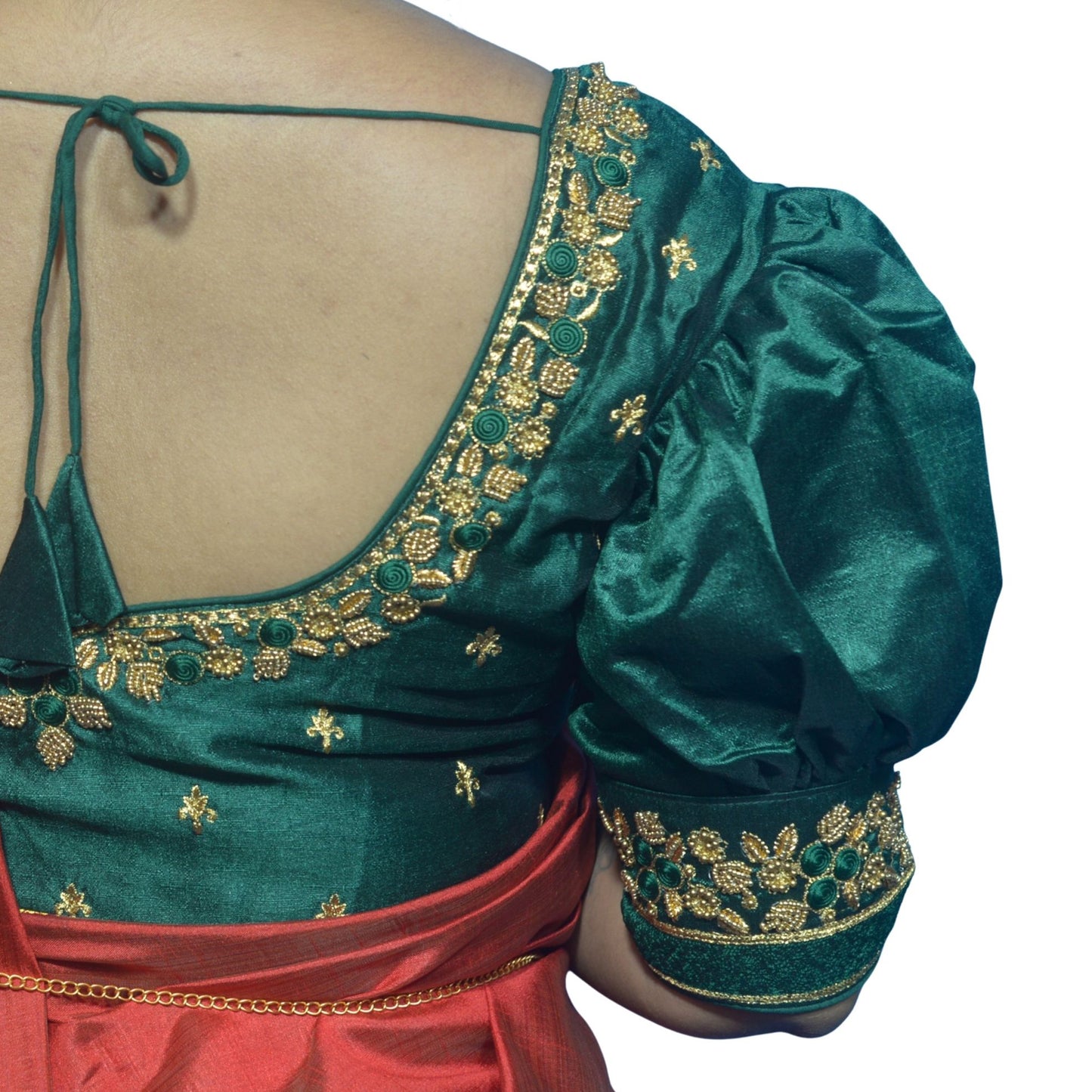 Dark Green Blouse with Gold Motifs & Dual Embroidery
