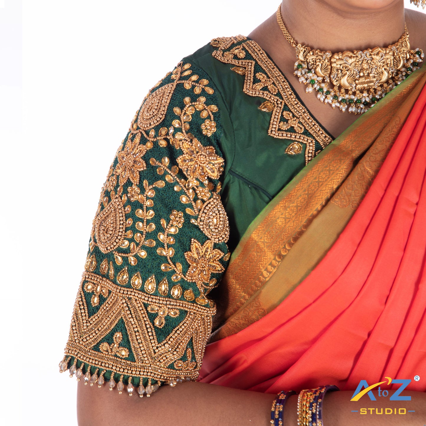 Dark Forest Green Silk Cloth Blouse with Flower, mango and triangle Design