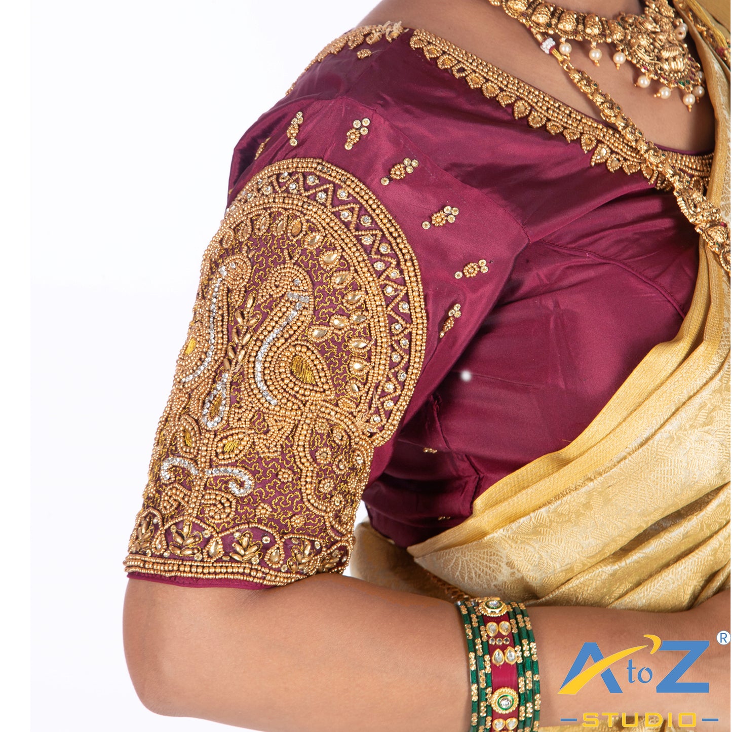 Wine Silk Cloth Blouse with Double Peacock Design