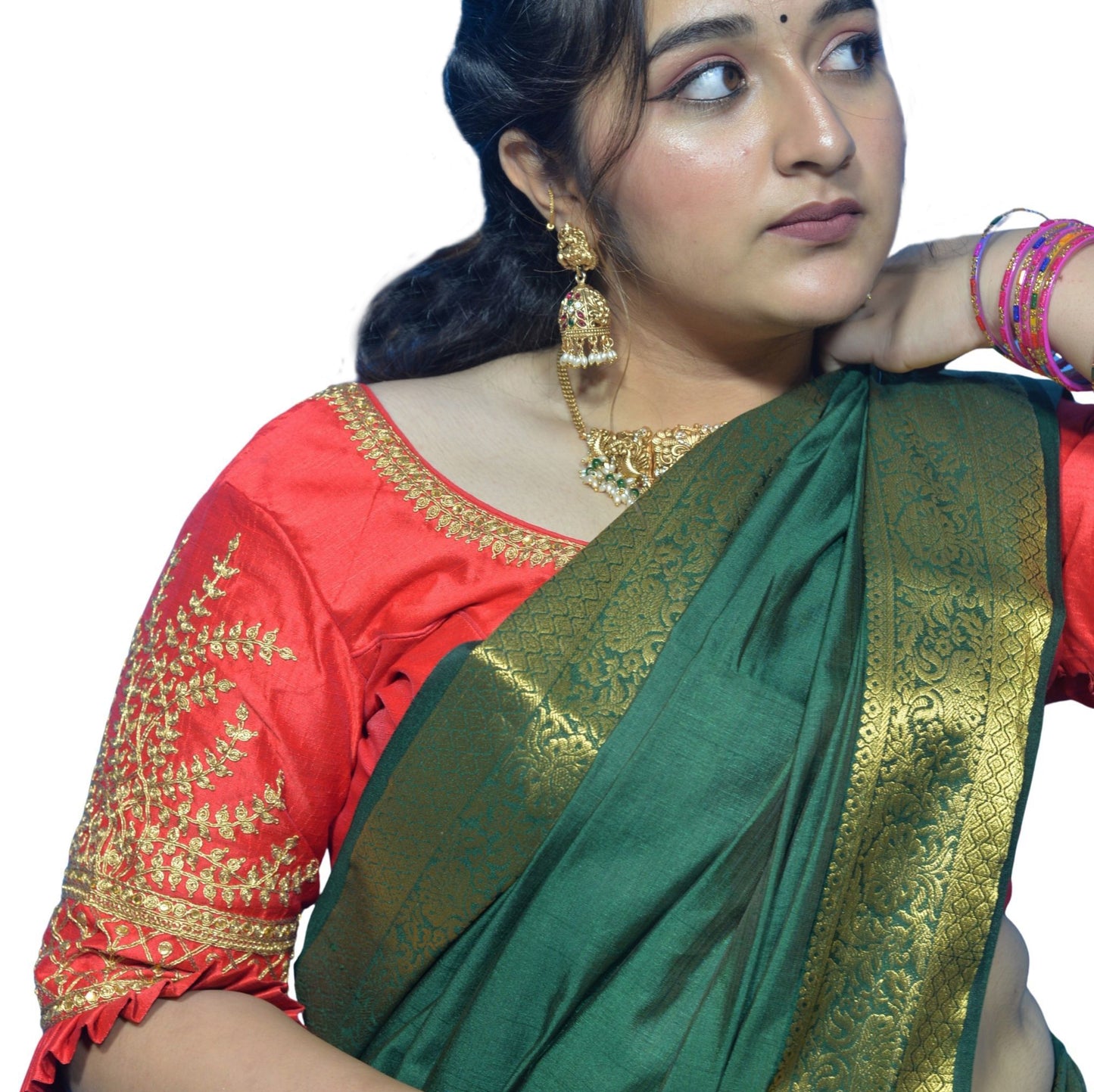 Designer Red Blouse with Cross Plus Pattern and Puff Sleeves