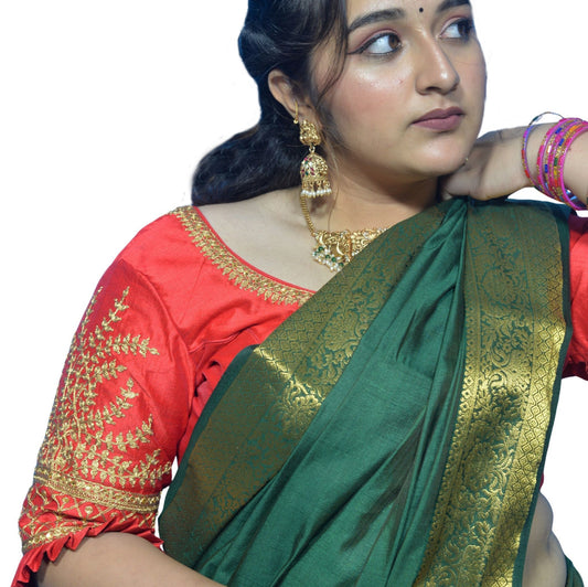 Designer Red Blouse with Cross Plus Pattern and Puff Sleeves