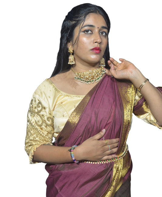 Ivory Blouse with Leaf Sleeves & Dual Embroidery