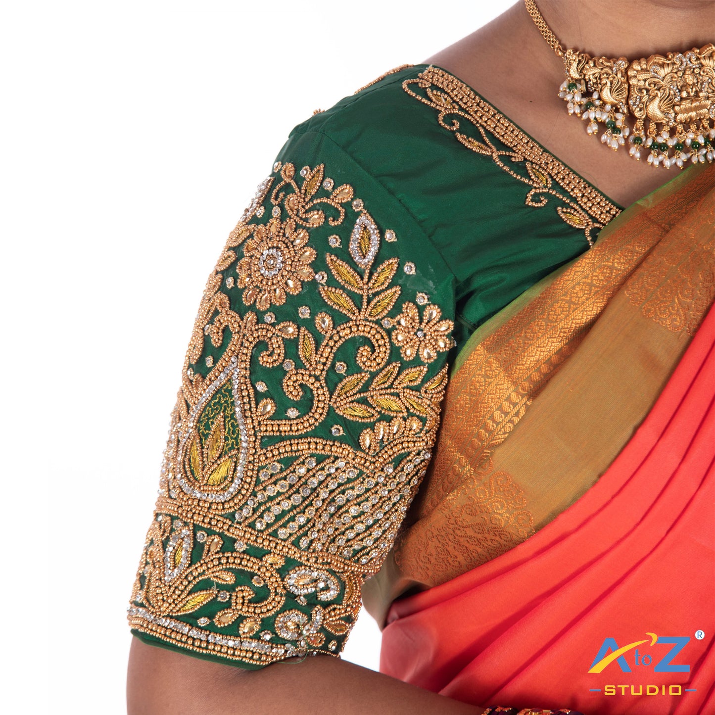 Dark Green Silk Cloth Blouse with Flower and Leaf with pearl and chain Design