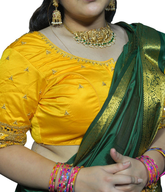 Designer Golden Yellow Blouse with Floral and Moti Sleeves and Aari Embroidered Back