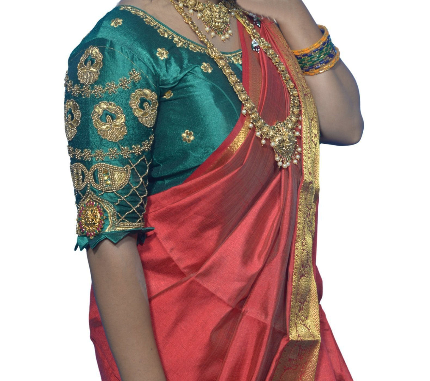 Traditional Dark Green Blouse with Criss-Cross Sleeves and Lakshmi Aari Work