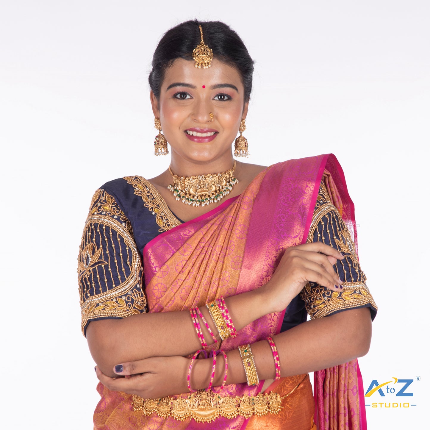 Navy Blue Silk Cloth Blouse with Lotus in circle Design