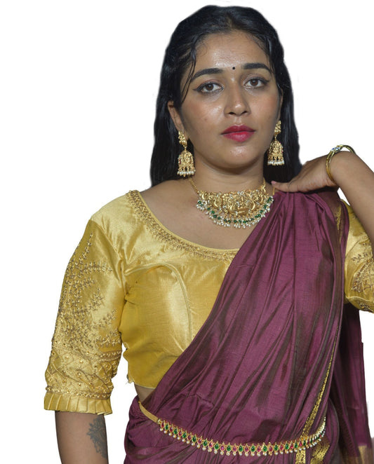 Designer Gold Blouse with Cross Plus Pattern and Puff Sleeves